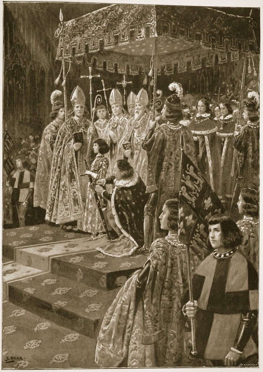 A sarkantyú és a kard bemutatása VI. Henrik koronázásakor, Szent Leonárd napján, 1429. november 6-án, a „The Illustrated London News”-ból, 1902 alkotó: Samuel Begg