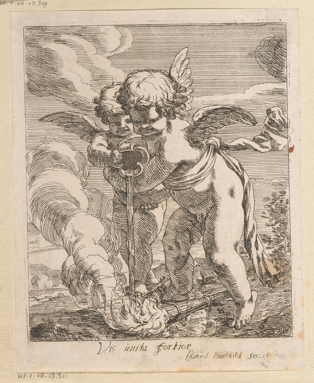 Két putti oltó fáklya Vis unita fortior (cím az objektumon) Különféle minták (sorozat címe) Opera Varia Historica, Poetica & Iconologica (sorozat címe) alkotó: Samuel Bottschild