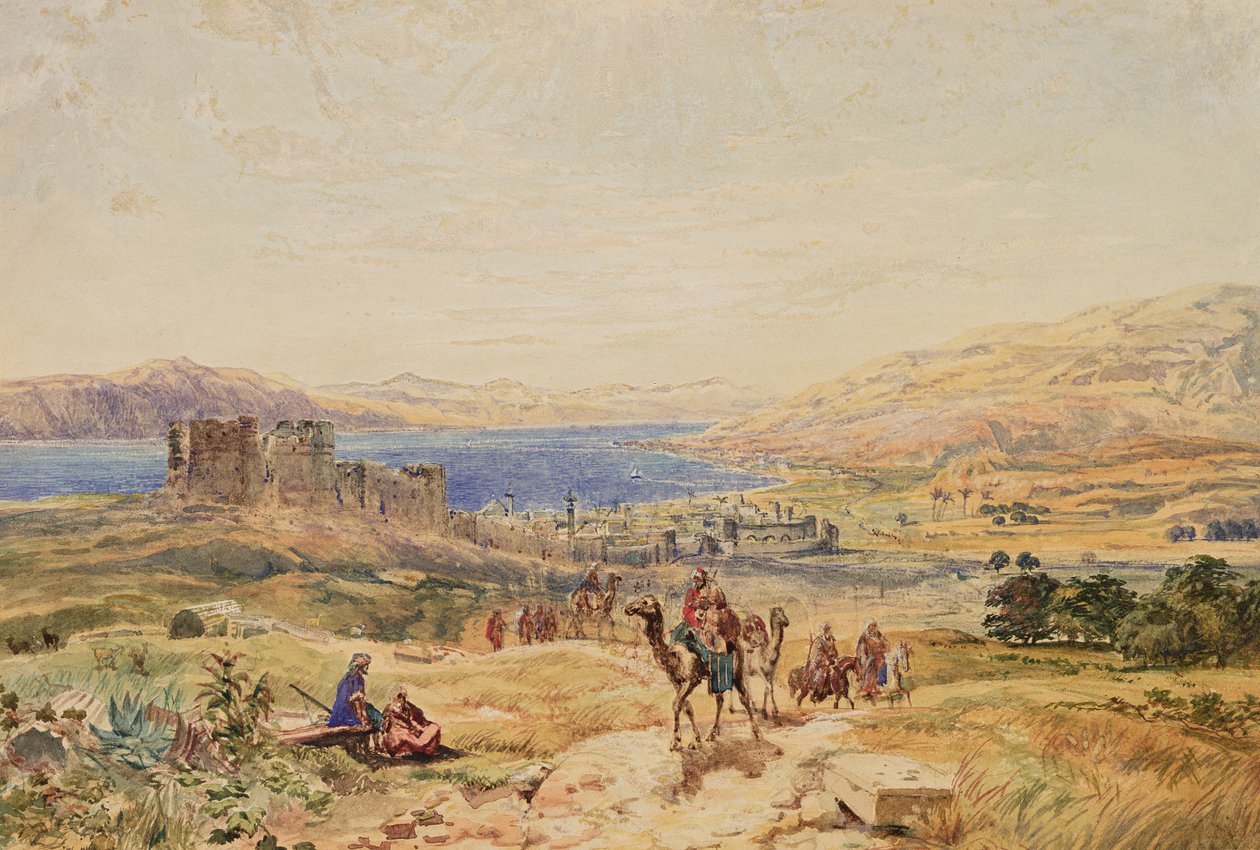 Tiberias a Galileai-tengeren, 1850 körül (akvarell papíron) alkotó: Samuel Bough