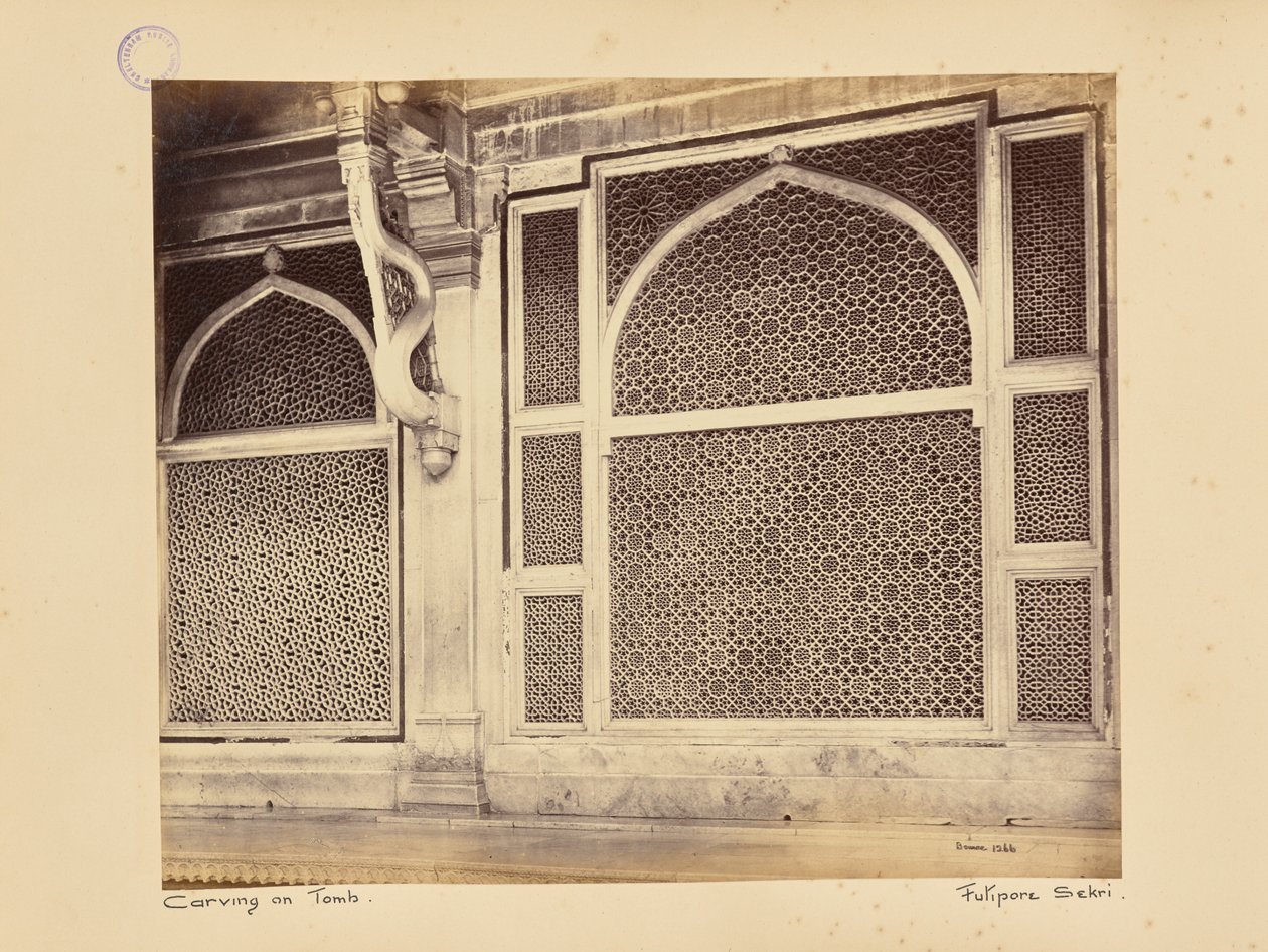 Fatehpur Sikri; két márványrács Selim Chishti sejk sírkamrájában alkotó: Samuel Bourne