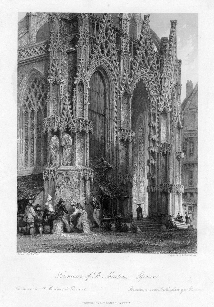 St Maclou szökőkútja, Rouen, Franciaország, 19. század. alkotó: Samuel Bradshaw