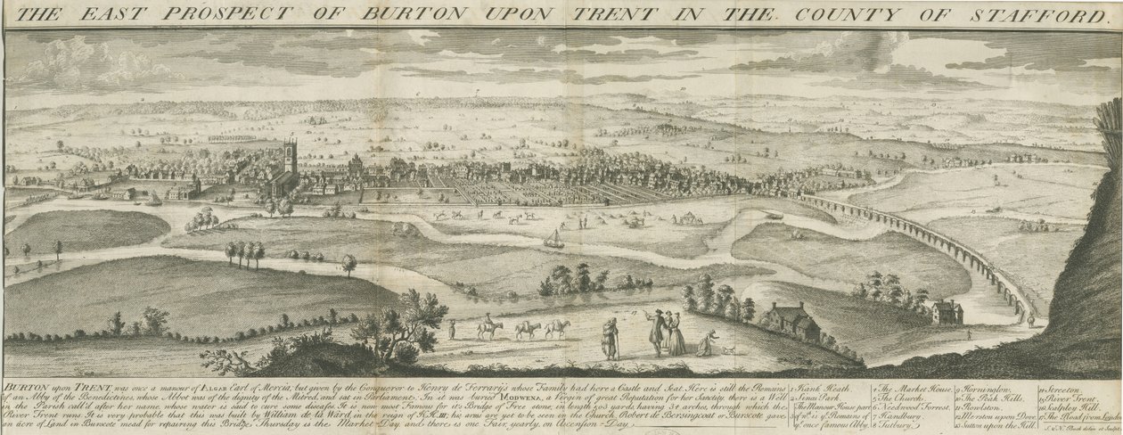 Burton-upon-Trent híd és város: metszet, nd [1696-1779] (nyomtatás) alkotó: Samuel Buck