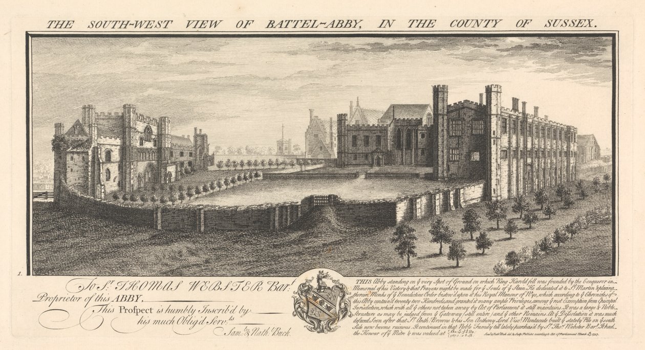 Battel-apátság délnyugati nézete, Sussex megyében alkotó: Samuel Buck
