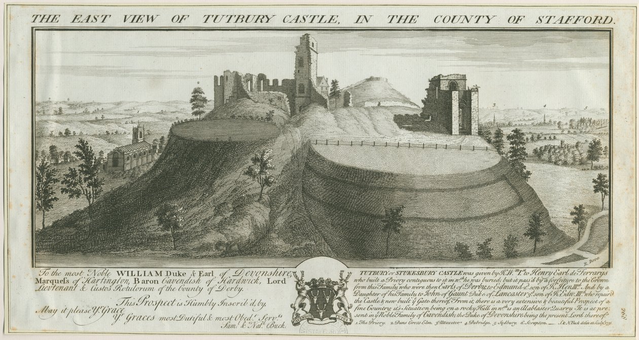Tutbury kastély – Keleti nézet: metszet alkotó: Samuel Buck