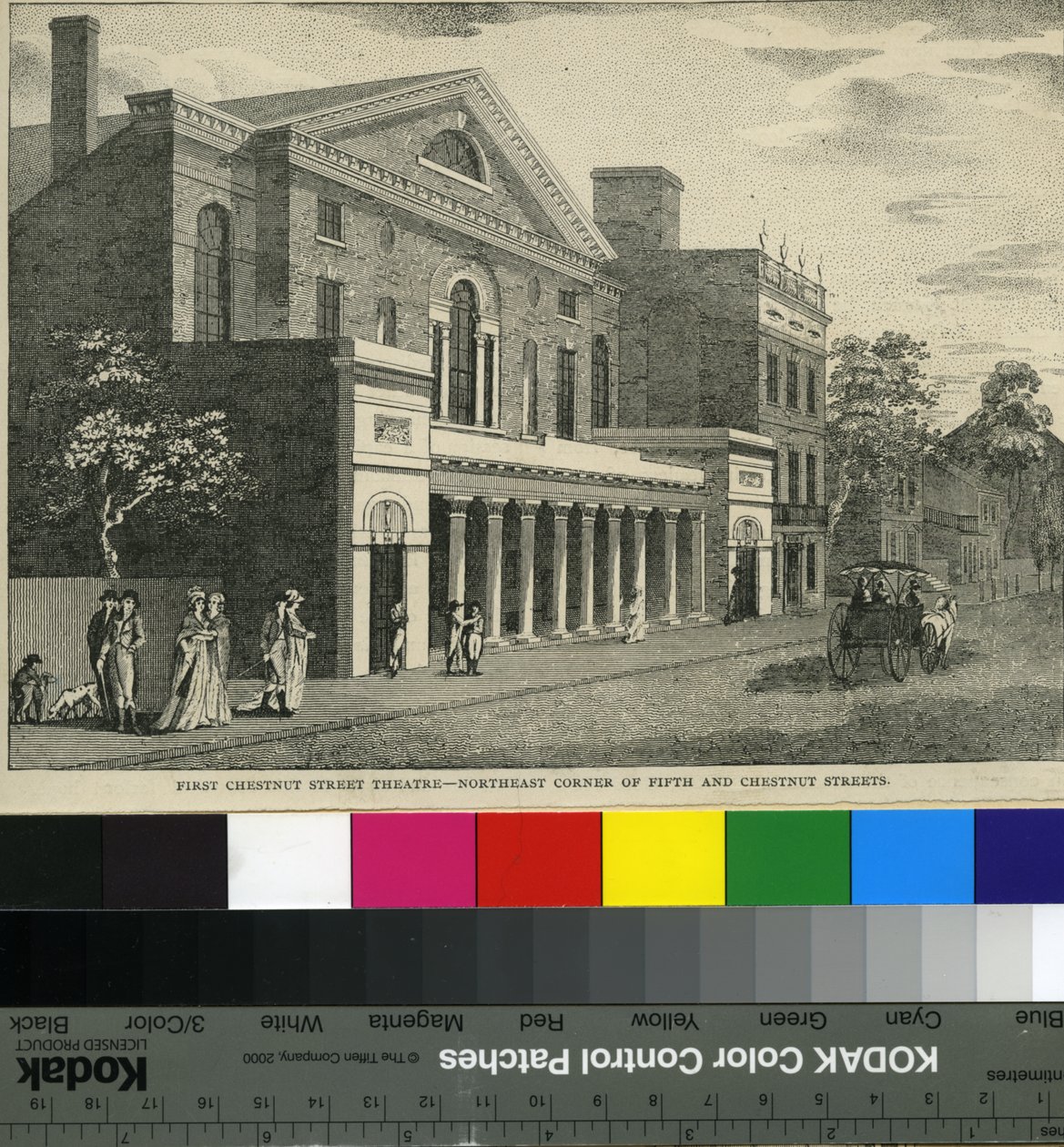 First Chestnut Street Theatre, Fifth and Chestnut Streets északkeleti sarka, 1820 körül (fametszet) alkotó: Samuel Castner