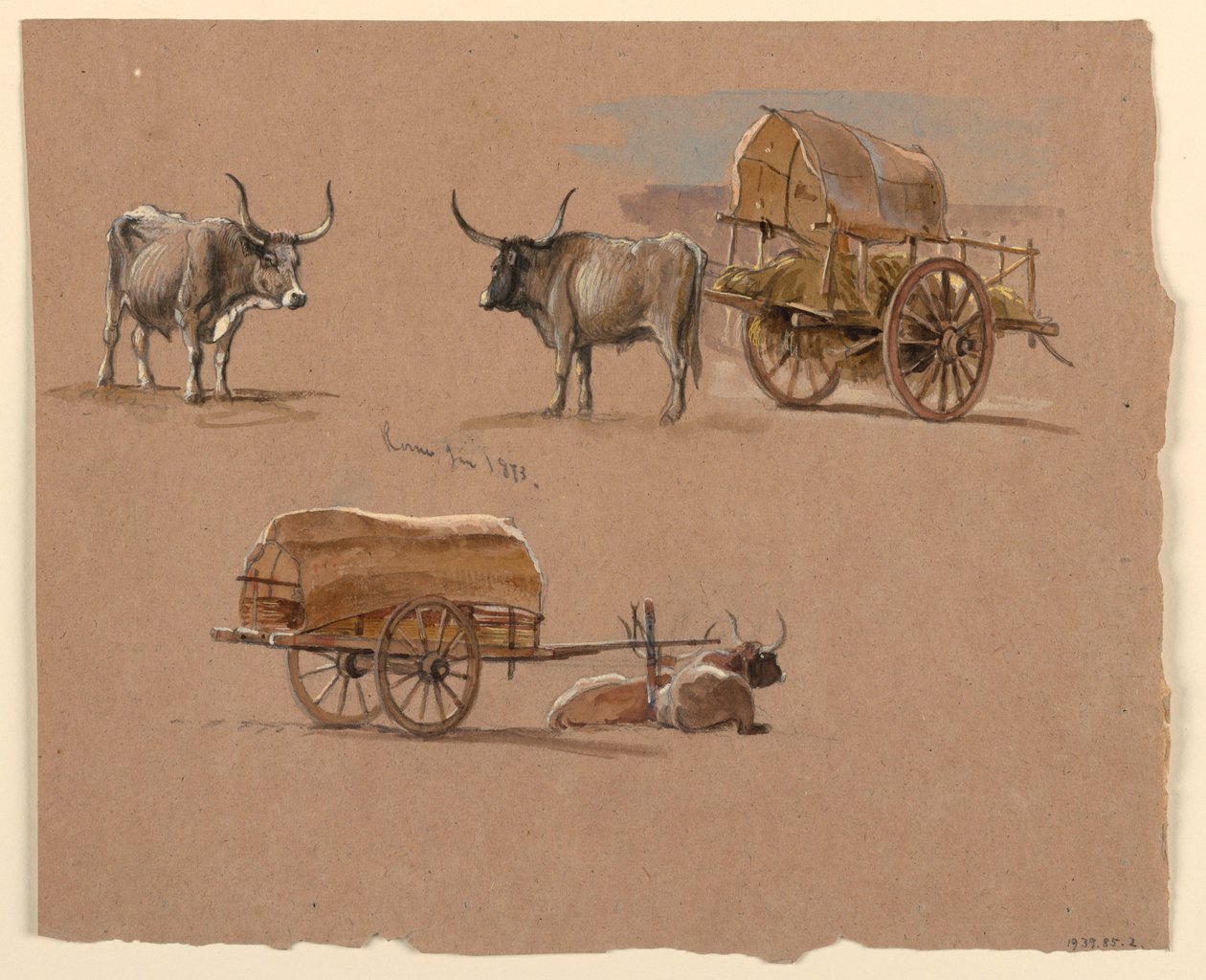 Rajz, ökrösszekerek, Róma, Olaszország, 1873 januárja alkotó: Samuel Colman