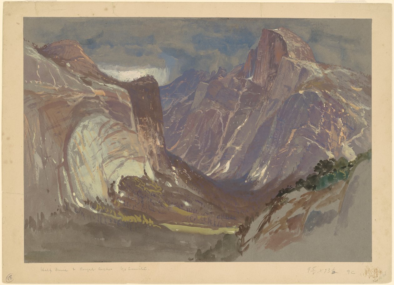 Half Dome és Royal Arches, Yosemite, a Glacier Pointból (szürke papíron gouache-val) alkotó: Samuel Colman