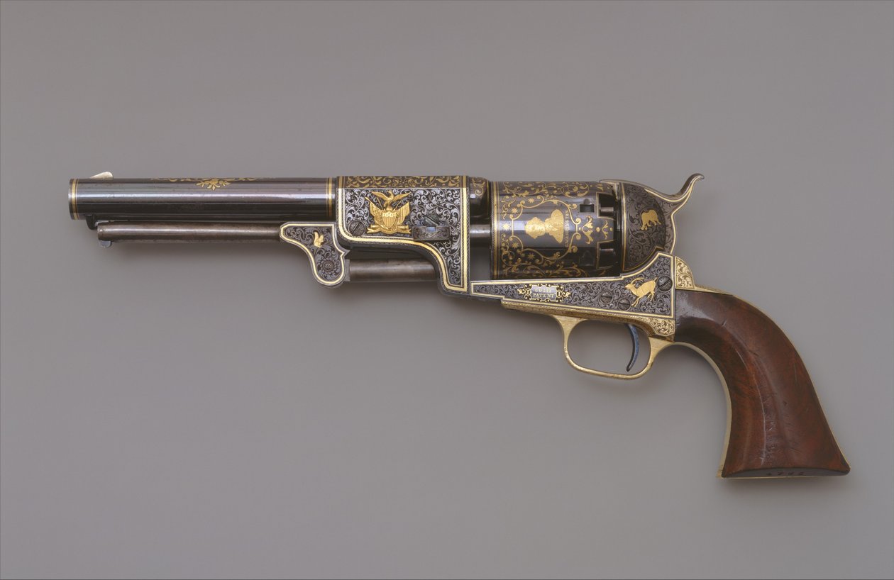 Colt Third Model Dragoon Percussion Revolver, 1853 körül (acél, sárgaréz, arany és diófa) alkotó: Samuel Colt