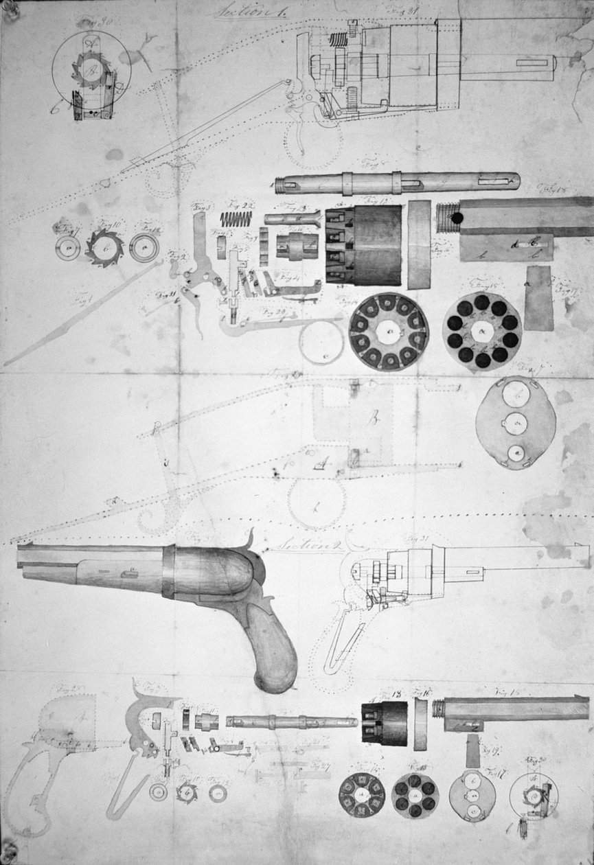 Eredeti tervei egy tízkamrás revolverhez, amelyből később az 1836-ban szabadalmaztatott hatkamrás lett, 1830 körül (toll és tinta papíron) alkotó: Samuel Colt