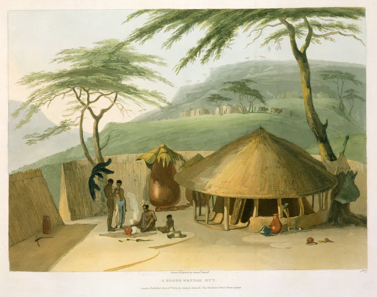 Egy Boosh-Wannah kunyhó, 7. tábla az „Afrikai tájak és állatok”-ból, a művész által metszett, 1804 (akvatinta) alkotó: Samuel Daniell
