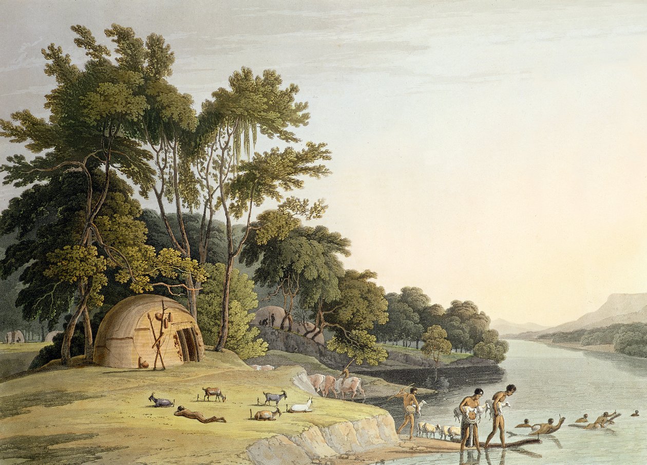 Egy Korah Hottentot falu az Orange-folyó bal partján, 1. tábla az „Afrikai tájak és állatok” című könyvből, a művész metszetével, 1804 (akvatinta) alkotó: Samuel Daniell