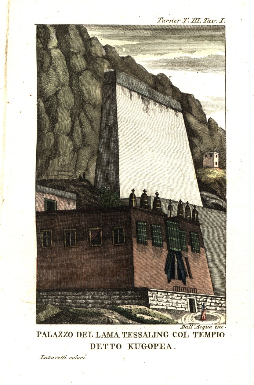 Tessaling Láma lakóháza a Kugopea nevű vallási építménnyel. Samuel Davis hadnagy illusztrációja Samuel Turner kapitánytól (1759-1802) Egy nagykövetség beszámolója a tibeti Teshoo láma udvarában 1800. Dell
