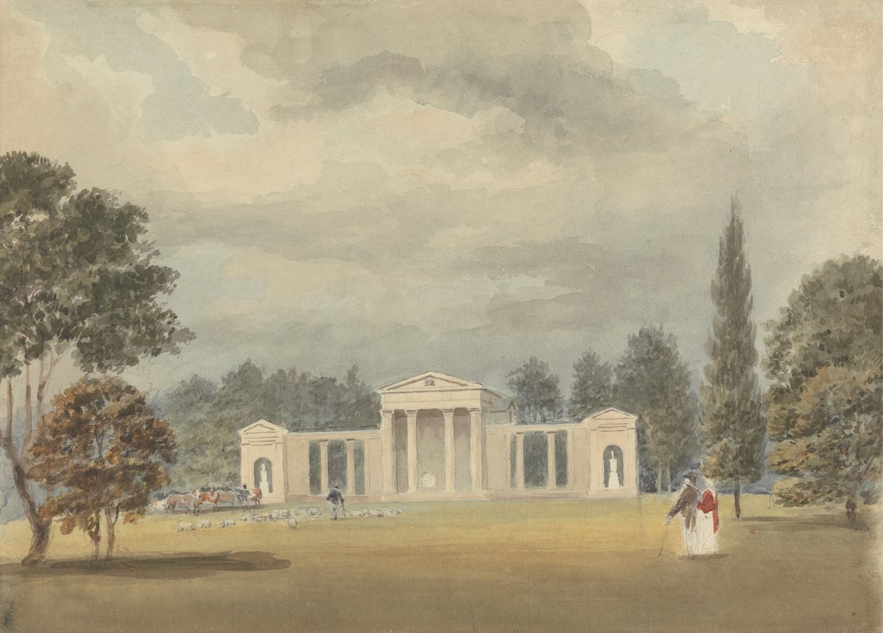 Plébániatemplom, elölnézet és részleges jobb oldali nézet, Ayot St. Lawrence, Hertfordshire alkotó: Samuel Davis