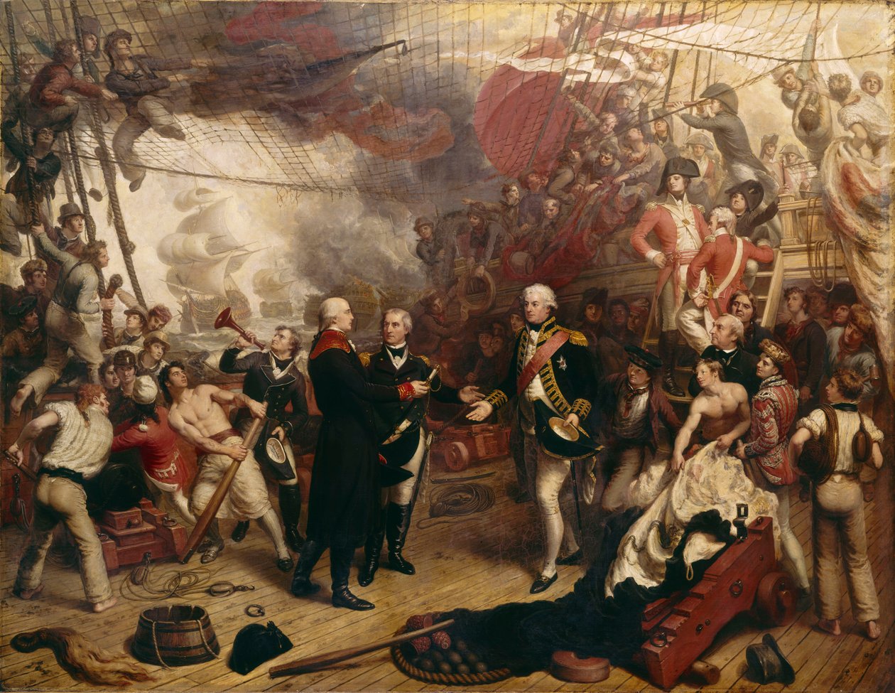 Duncan admirális átveszi a holland de Winter admirális kardját a camperdowni csatában. alkotó: Samuel Drummond