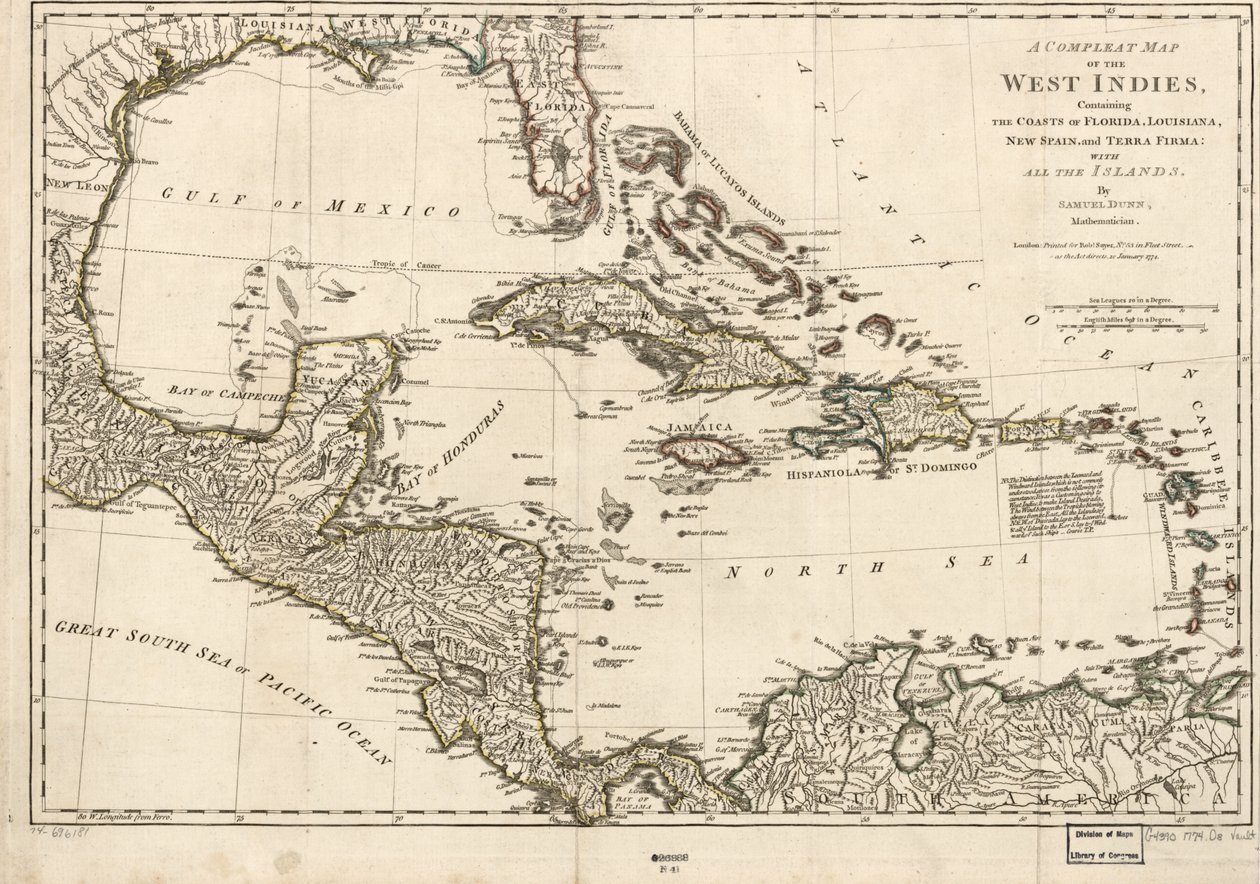 Nyugat-India teljes térképe, amely tartalmazza Florida, Louisiana, Új-Spanyolország és Terra Firma partjait: Az összes szigettel együtt. alkotó: Samuel Dunn