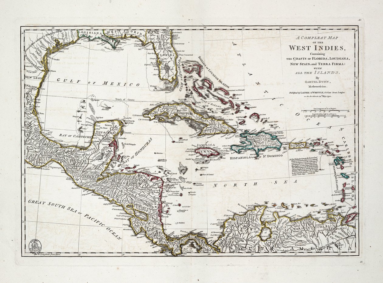 Nyugat-India teljes térképe, amely tartalmazza Florida, Louisiana, Új-Spanyolország és Terra Firma partjait az összes szigettel együtt. alkotó: Samuel Dunn