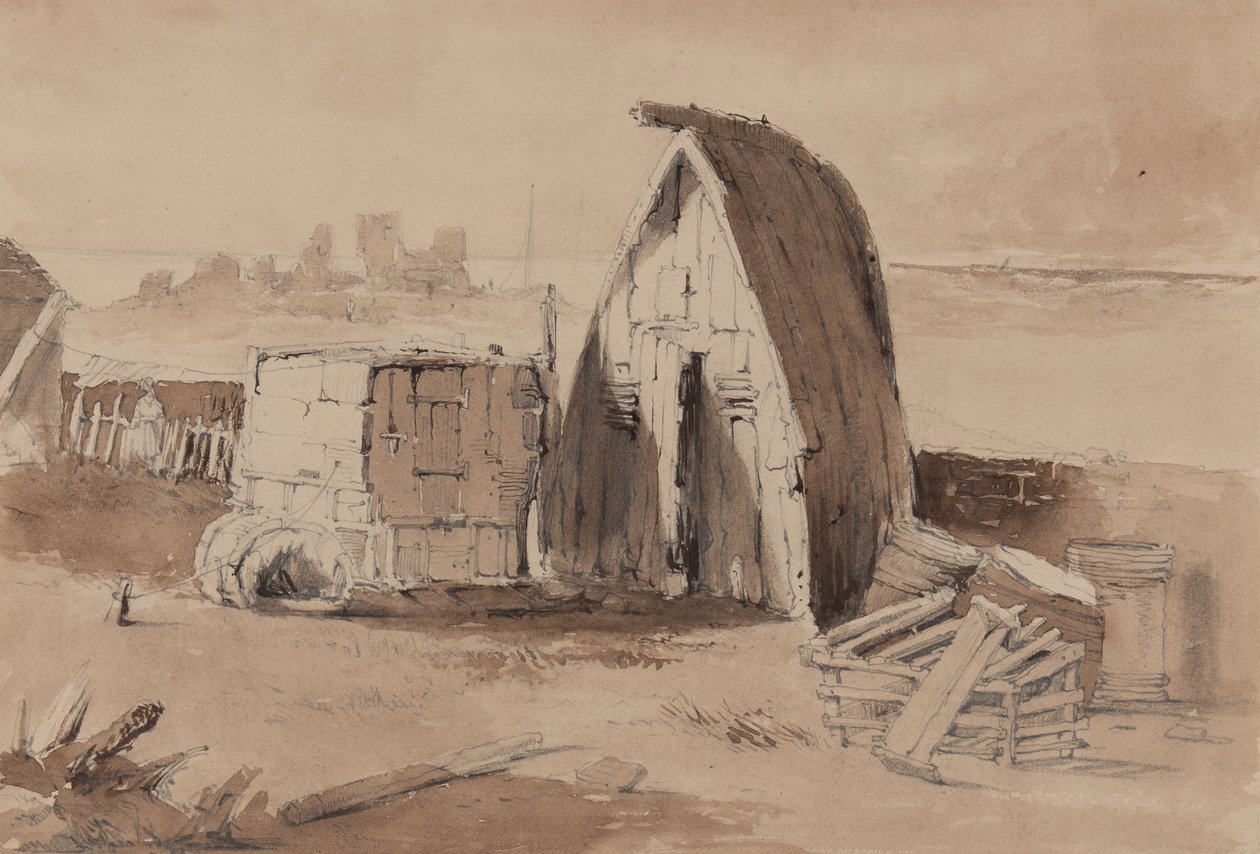 The Beach at Hastings (ceruza, ecset és mosás papíron) alkotó: Samuel Gillespie Prout