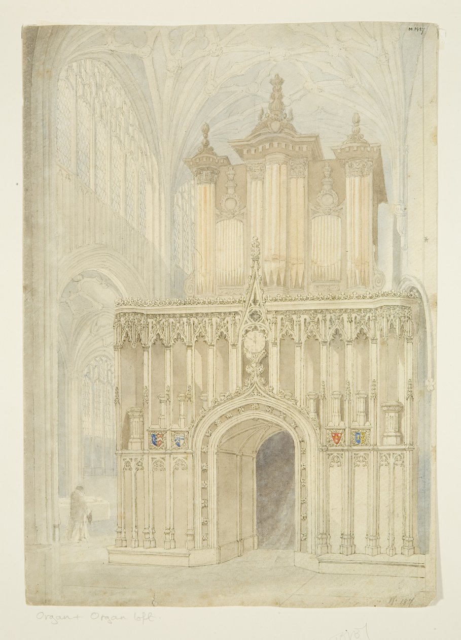 A St Mary Redcliffe templom orgonája és orgona padlása, 1840 körül (ceruza és akvarell papíron) alkotó: Samuel Griffiths Tovey