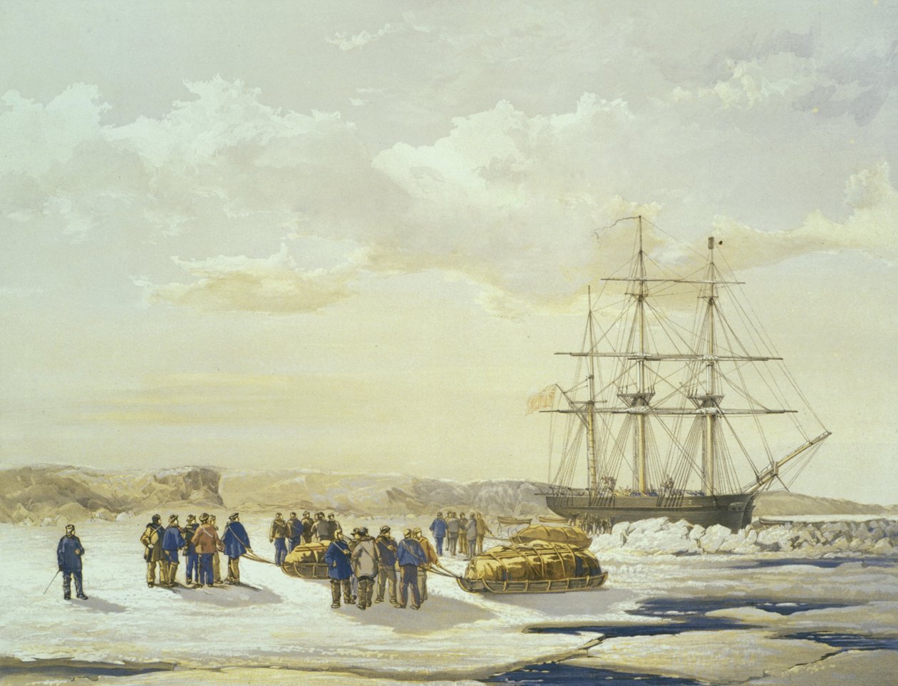 Szánkóparti távozik H.M.S. Nyomozó a Mercy Bay-ben, 1853. április 15., vésette E. Walker, kiadta az Ackermann und Co., 1854 alkotó: Samuel Gurney Cresswell