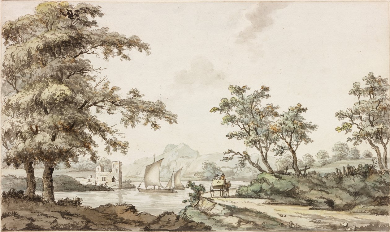 Folyó vitorlás hajókkal, lóval és szekérrel (tus (fekete) és akvarell, papír) alkotó: Samuel Henry Alken