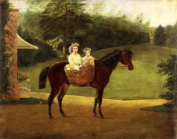 Két lány portréja pónikon egy táskában (olaj a panelen) alkotó: Samuel Henry Alken