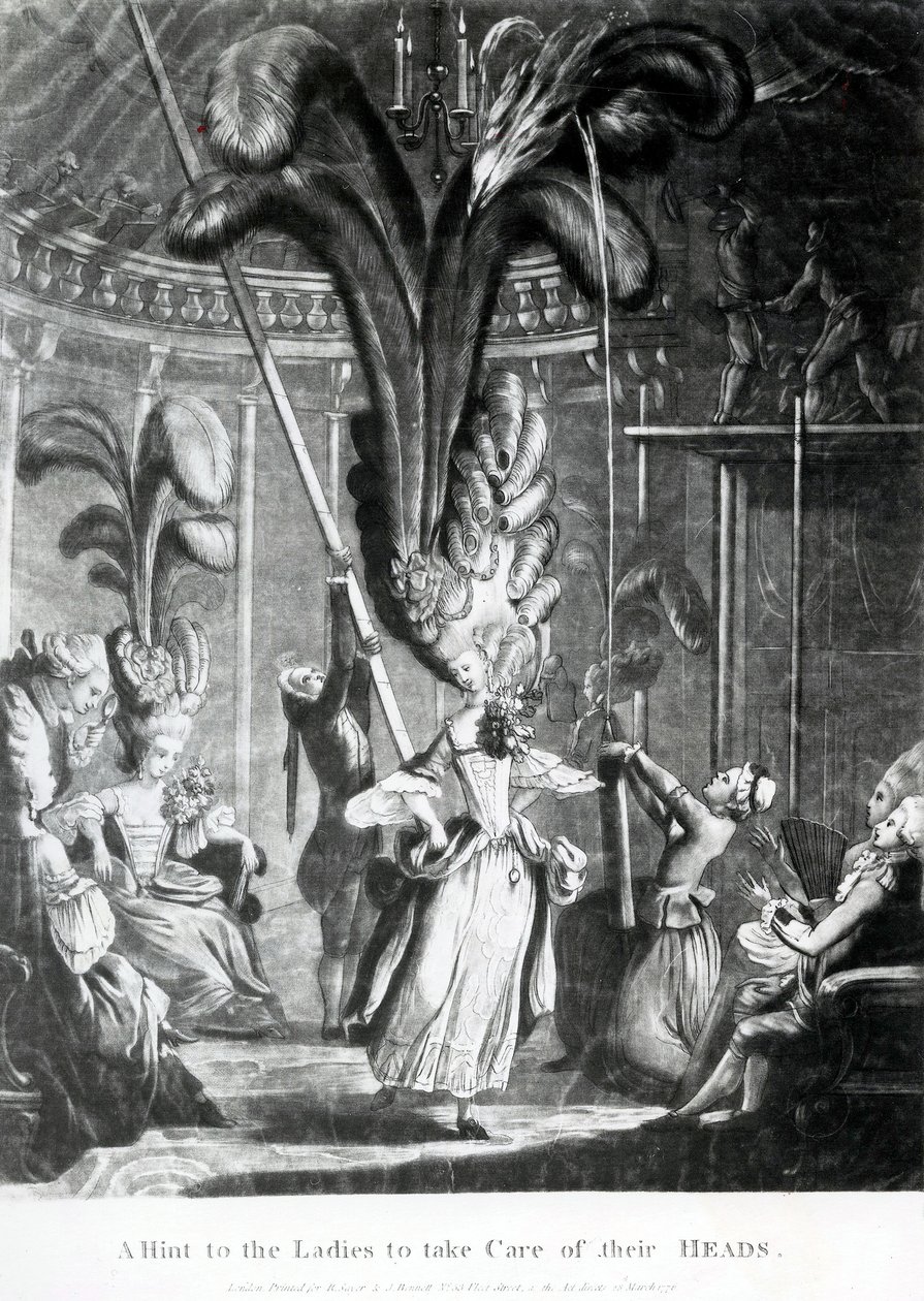 A Hölgyeknek szóló tanács, hogy vigyázzanak a fejükre, kiadó: Sayer und Bennett (1774-1786), 1776 (mezzotinto) alkotó: Samuel Hieronymous Grimm