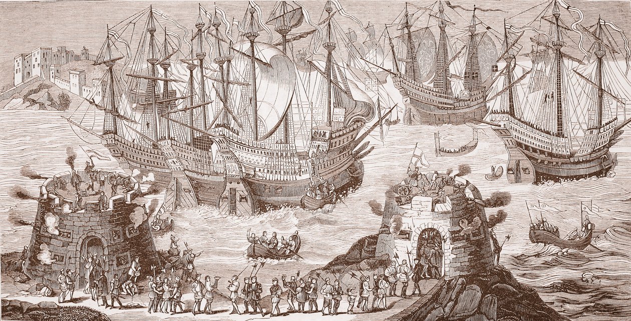 VIII. Henrik hajóra szállása Doverben, a The Royal Society of Antiquities által kiadott nagynyomtatványból. alkotó: Samuel Hieronymous Grimm
