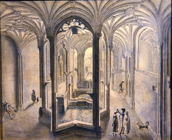 A Holywell Spa, Észak-Wales belső képe (akvarell tollal és tintával papíron) alkotó: Samuel Hieronymous Grimm