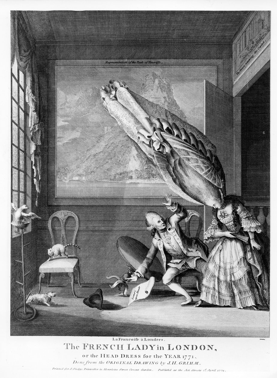A francia hölgy Londonban avagy Az év fejruhája 1771, S. Sledge számára nyomtatva, 1771 alkotó: Samuel Hieronymous Grimm