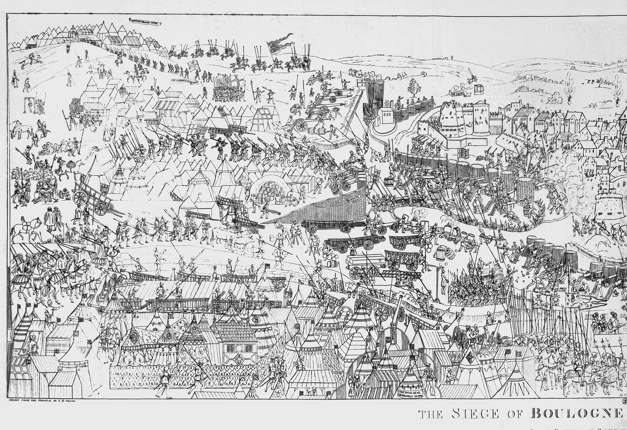 VIII. Henrik király (1491-1547) Boulogne ostroma 1544-ben, James Basire metszete, 1788 (lásd még: 106603) alkotó: Samuel Hieronymous Grimm