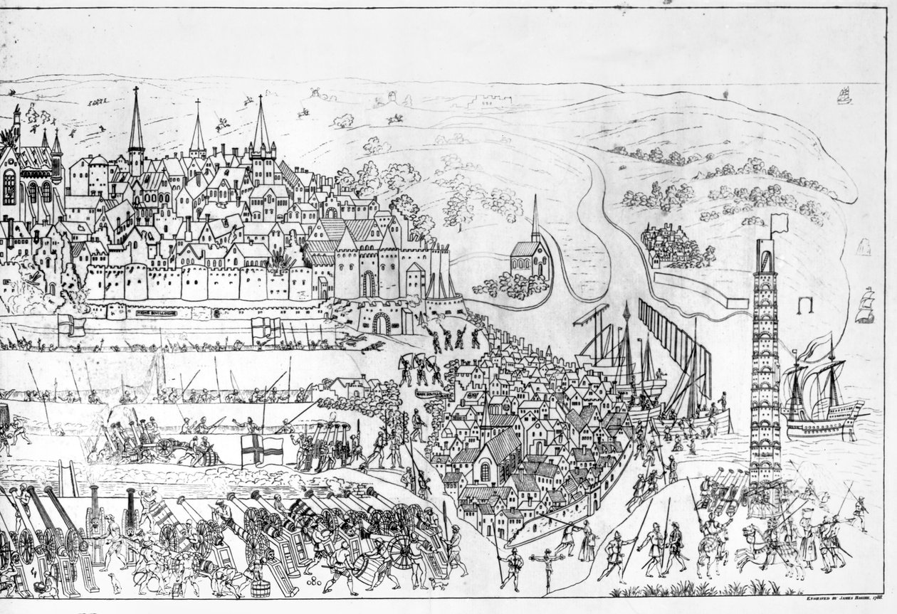 VIII. Henrik király (1491-1547) Boulogne ostroma 1544-ben, James Basire metszete, 1788 (lásd még: 106602) alkotó: Samuel Hieronymous Grimm