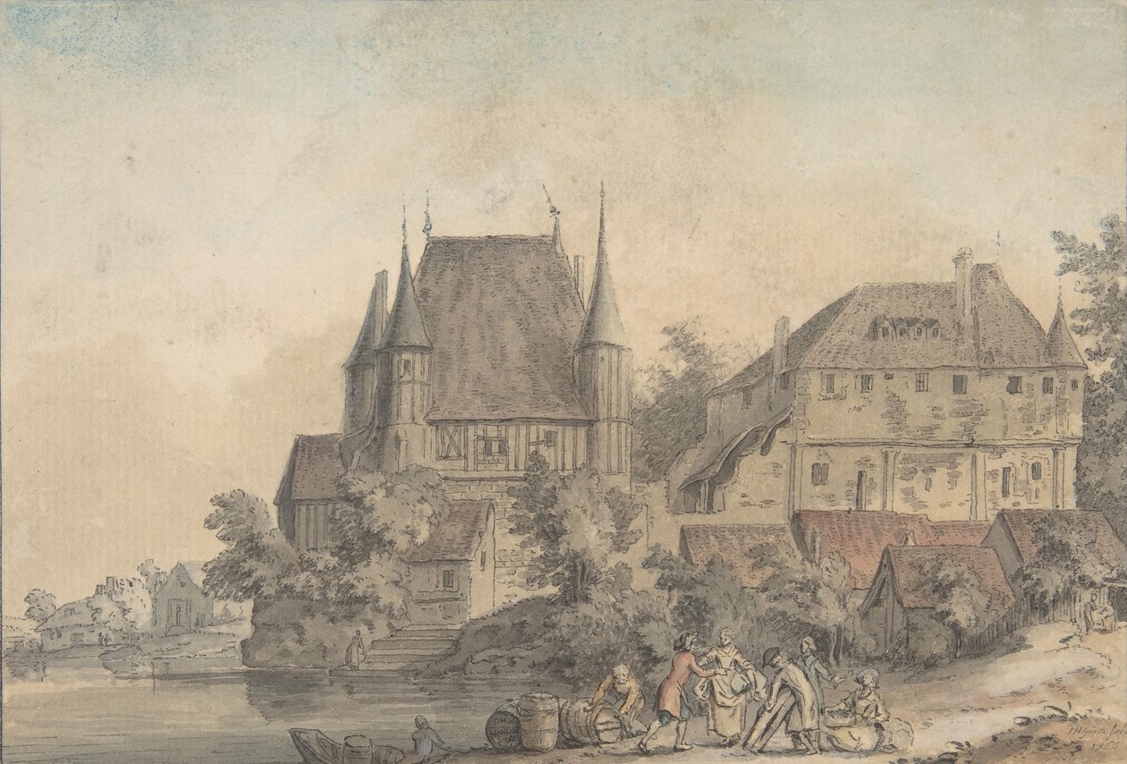 Kilátás egy folyóparti falura, 1766. alkotó: Samuel Hieronymus Grimm