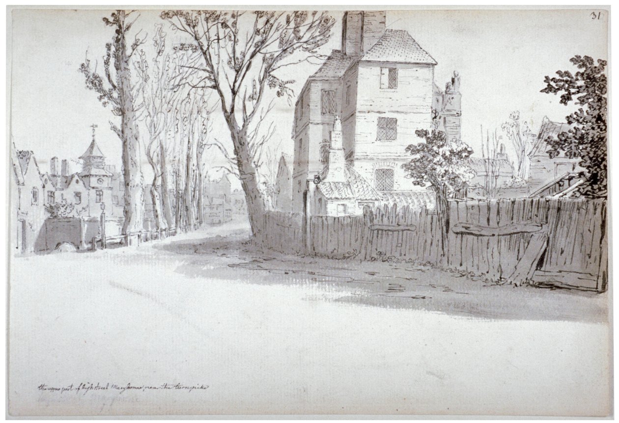 Kilátás a St Marylebone High Street felső részére és a turnpike-ra, London, 1772 alkotó: Samuel Hieronymus Grimm