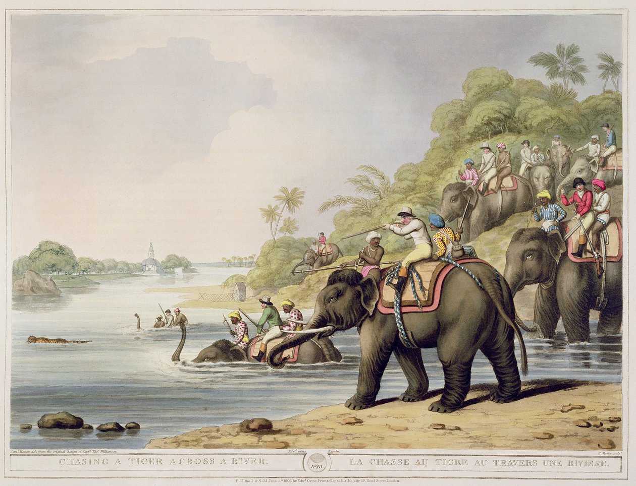 Egy tigris üldözése a folyón át, a Keleti terepsportokból, kiadó: Edward Orme, 1807 (nyomtatás) alkotó: Samuel Howett