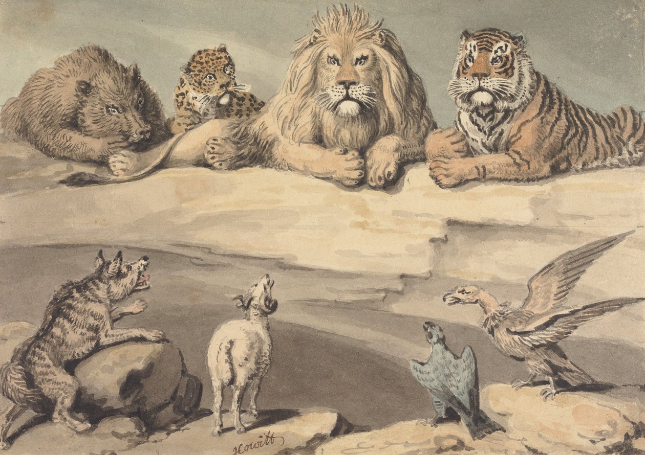 Egy vaddisznó, egy leopárd, egy oroszlán, egy tigris, egy farkas, egy kos és két sas alkotó: Samuel Howitt
