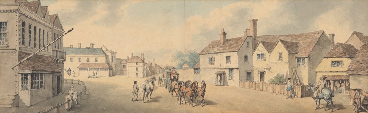 Négyes fogatú hintó Chippenhamen, Wiltshire-en áthaladva alkotó: Samuel Howitt