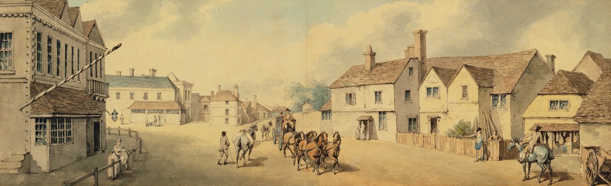 Egy edző és négyen áthaladnak Chippenhamen, Wiltshire-ben (toll, tinta és WC papíron) alkotó: Samuel Howitt