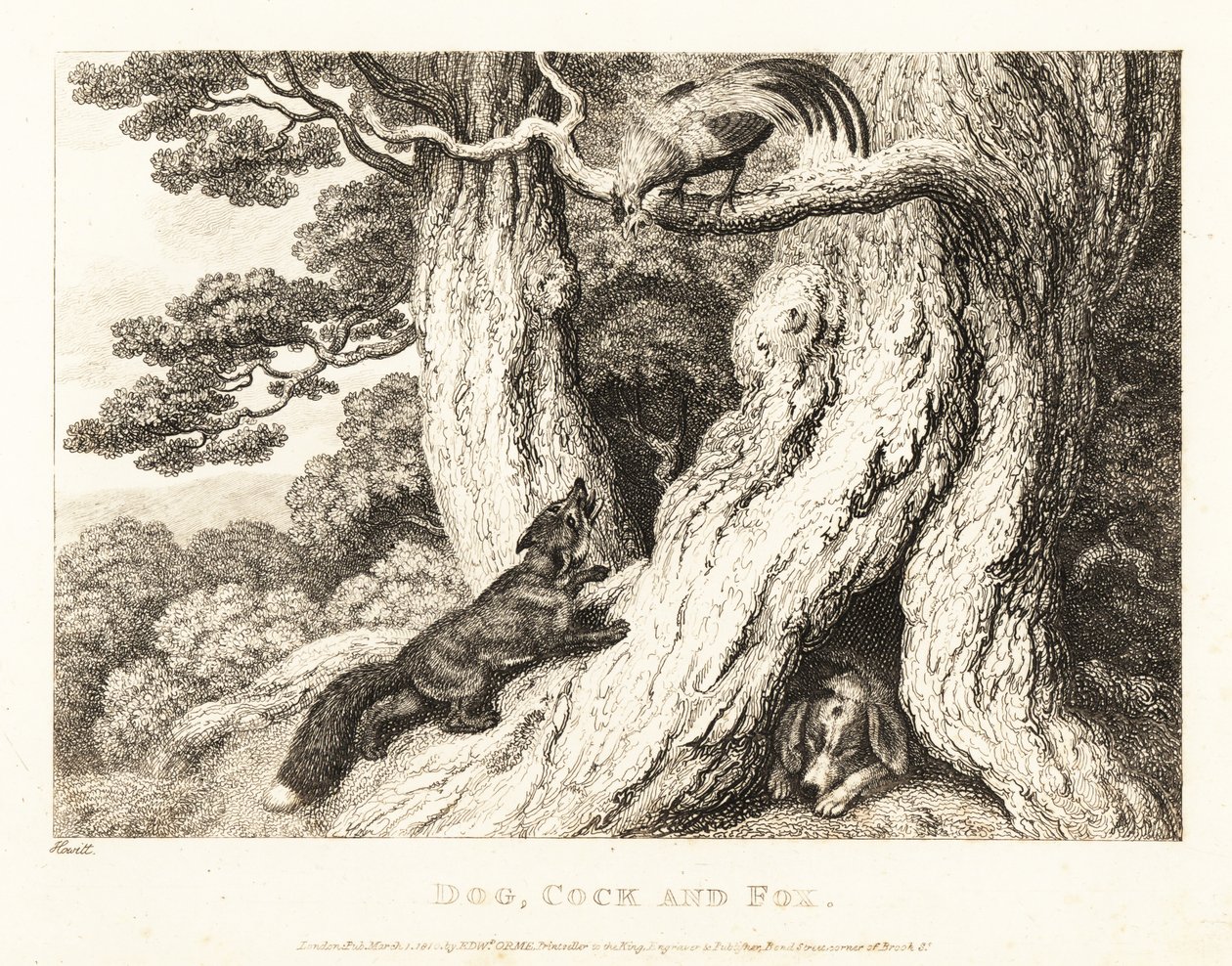 A kakas a fán kijátssza a rókát, míg a kutya alszik. 1811 (rézkarc) alkotó: Samuel Howitt