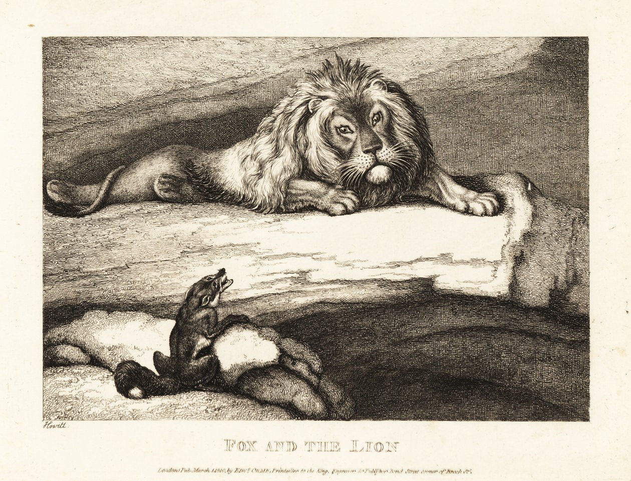 Egy róka ostobán közeledik egy hím oroszlánhoz a barlangjában. 1811 (rézkarc) alkotó: Samuel Howitt