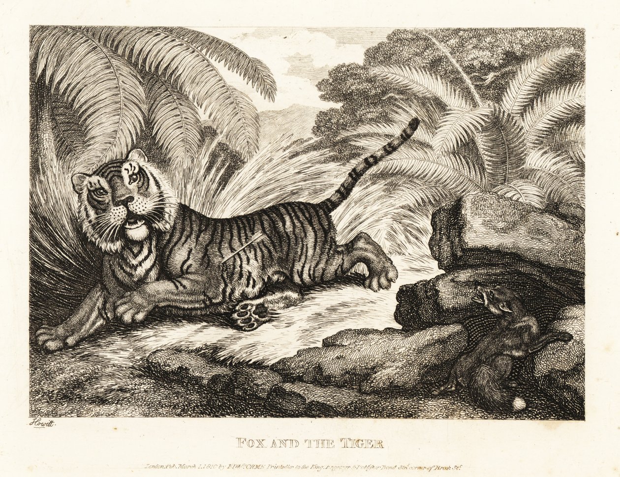 A róka egy sebesült tigrist néz. 1811 (rézkarc) alkotó: Samuel Howitt
