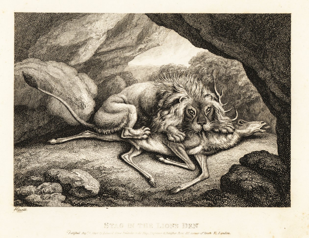 Oroszlán eszi egy szarvas tetemét egy barlangban. 1811 (rézkarc) alkotó: Samuel Howitt