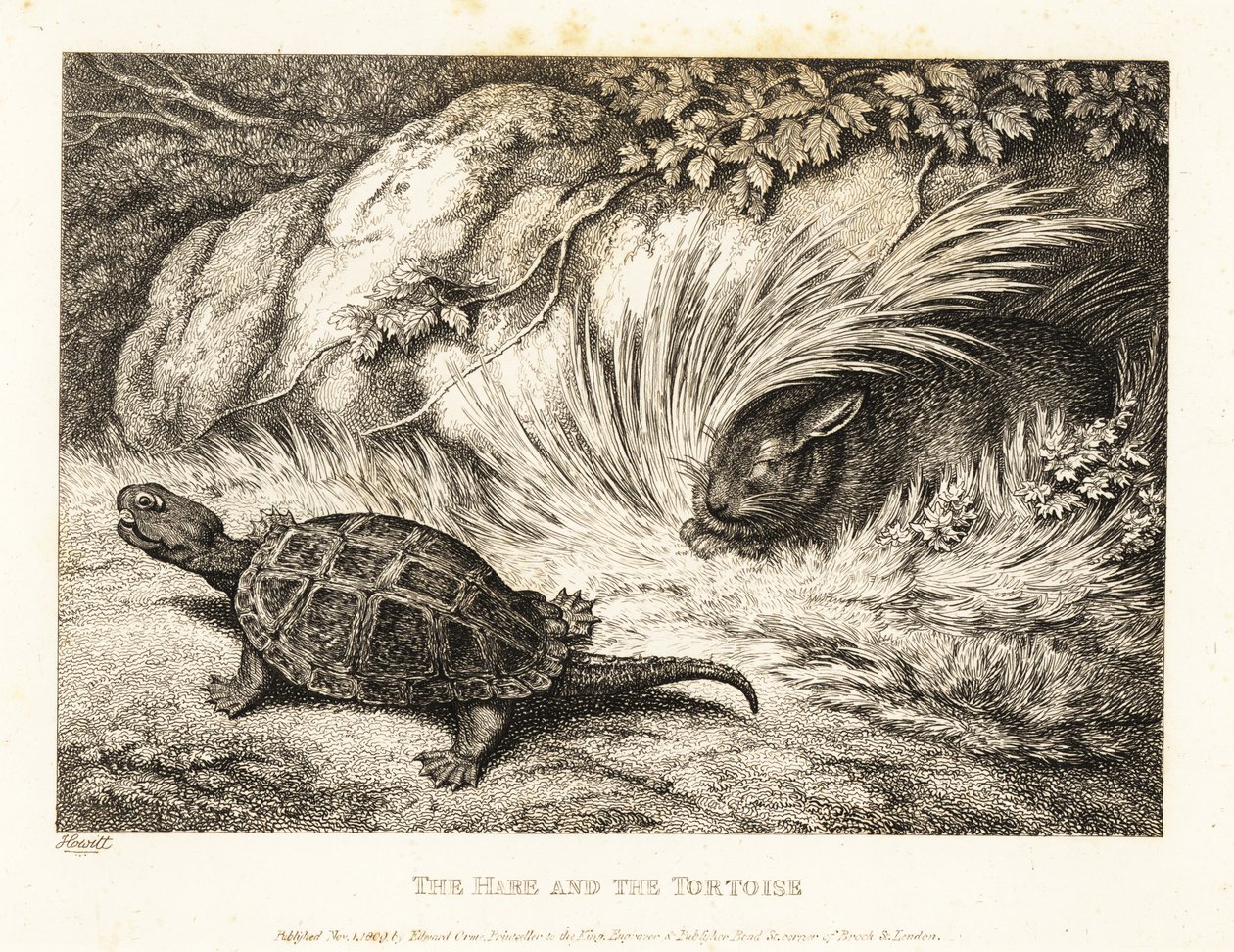 Egy teknős egy alvó nyulat előz meg egy versenyen. 1811 (rézkarc) alkotó: Samuel Howitt