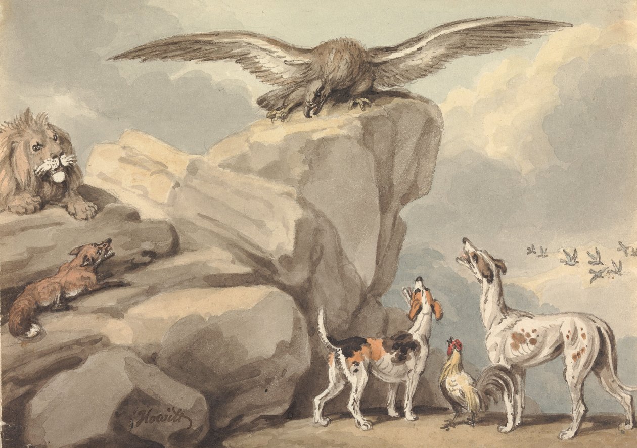 Egy sziklán ülő sas; oroszlán, róka, két kopó és egy kakas (valószínűleg „Aesop meséi” című műhöz) alkotó: Samuel Howitt