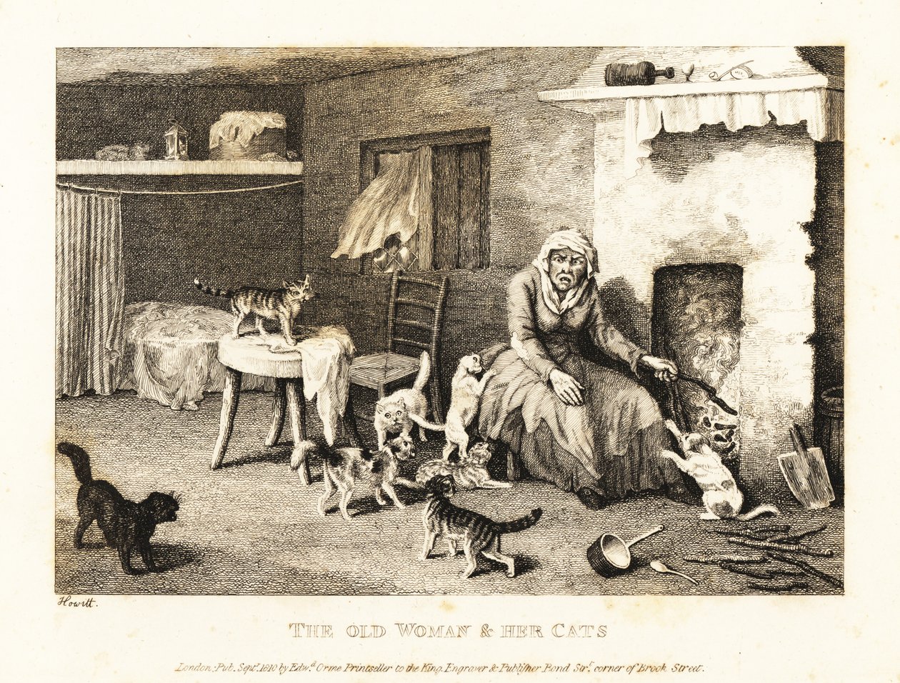 Öreg gazember ül a kandallónál egy kunyhóban, macskákkal körülvéve. 1811 (rézkarc) alkotó: Samuel Howitt