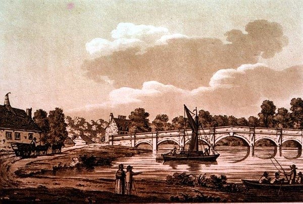 Chertsey híd, illusztráció a „Picturesque Views of the Thames River”, pub. 1799 (rézkarc, akvatinta) alkotó: Samuel Ireland