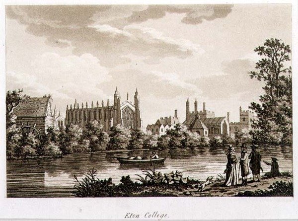 Eton College, illusztráció a "Picturesque Views of the River Thames" című könyvből, pub. 1799 (metszet, akvatinta) alkotó: Samuel Ireland