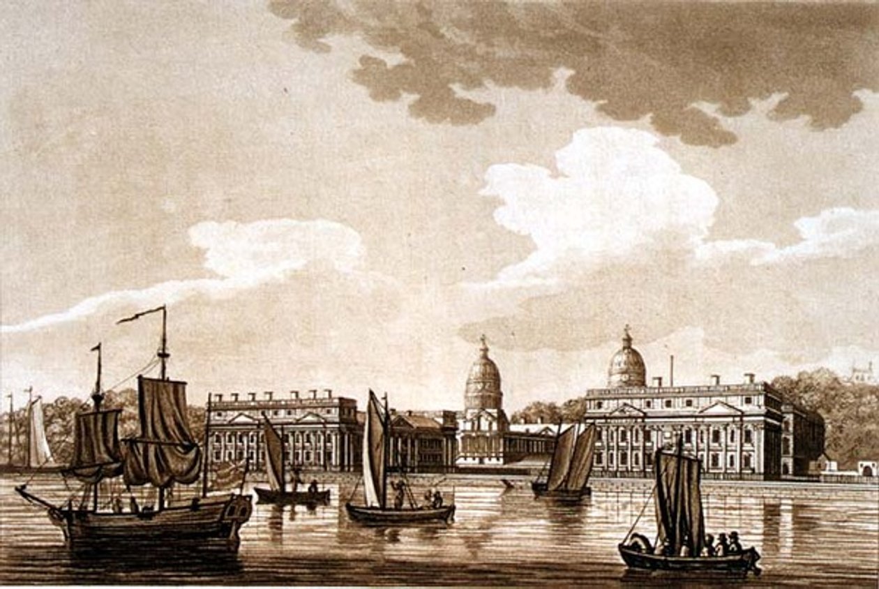 Greenwich Kórház, illusztráció a „Picturesque Views of the Thames River”, pub. 1799 (rézkarc, akvatinta) alkotó: Samuel Ireland