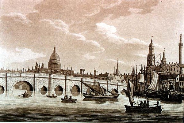 London Bridge, illusztráció a „Picturesque Views of the Thames River”, pub. 1799 (rézkarc, akvatinta) alkotó: Samuel Ireland