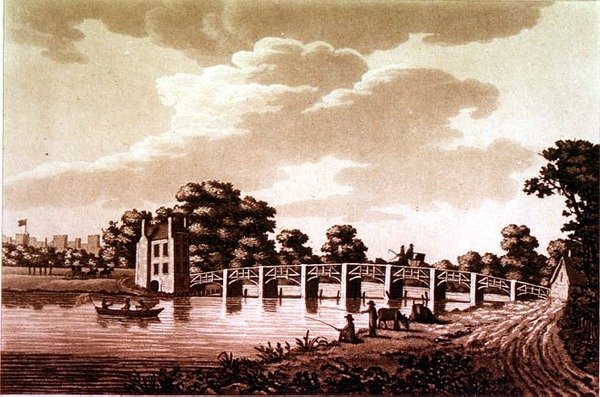 Délkeleti kilátás a Datchet hídról, illusztráció a „Picturesque Views of the Thames River”, kocsma. 1799 (rézkarc, akvatinta) alkotó: Samuel Ireland
