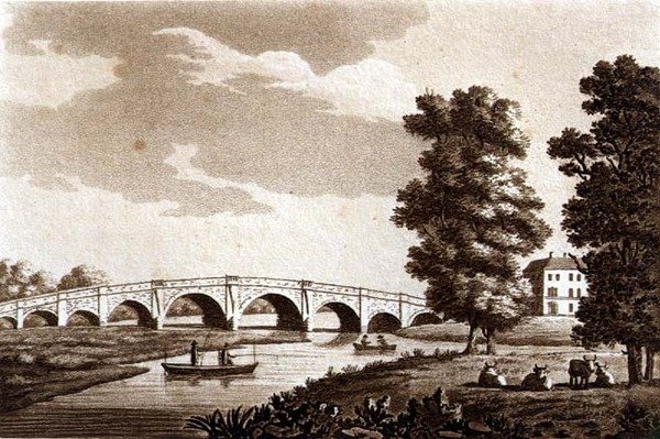 Walton Bridge, Surrey, illusztráció a "Picturesque Views of the River Thames" című könyvből, pub. 1799 (metszet, akvatinta) alkotó: Samuel Ireland